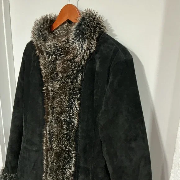 LNR Penny Lane Style Real Suede Leather, Faux Fur Coat, Black, XL, EUC - Picture 2 of 11